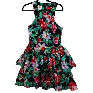 Vintage Byer Too Hawaiian Tiered Mini Dress Size 9 Ruffles Y2K Sundress Resort